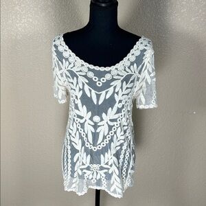 Capri Cream Lace Blouse Boho Floral Embroidered Top Size Small
